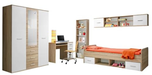 Meublorama Habitación Juvenil Denver: Armario de 3 Puertas, Cama, Biblioteca, Escritorio, estantería