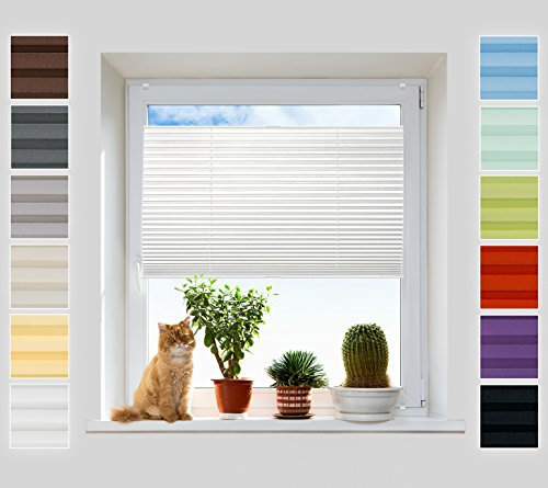 Plissee Rollo ohne Bohren - Jalousie mit easyfix Metall Klemmträger | SUPER Pearl Stoffkollektion | Leicht zu montieren | Faltrollo Sichtschutz, Sonnenschutz, Fenster - [Weiß, 85 cm x 120 cm]