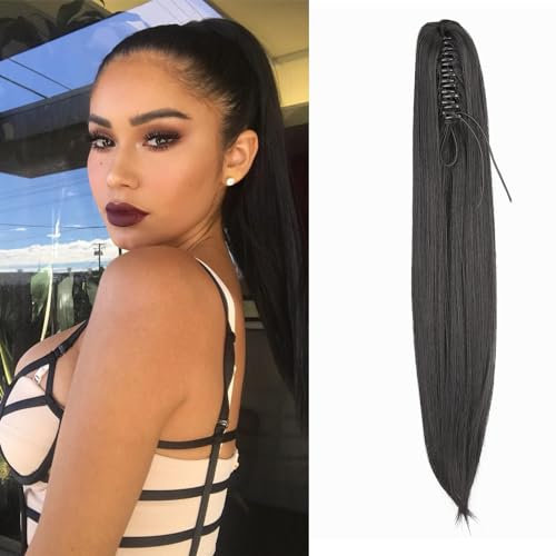 Dcbaboo Ponytail Extension Pferdeschwanz Haarteil Zopf Extension mit Klammer Gerade Lang Haarverlängerung Zopf Clip Synthetik Glatt Pferdeschwanz Haarextension, 50cm Schwarz