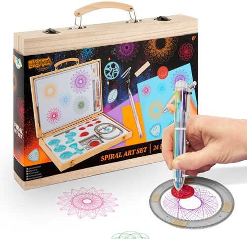 Joya Creative Spiral Art Set für Kinder – 24-teiliges Spirographie-Set in Deluxe-Holzetui – Kreatives Zeichen- und Malset – Spiral Designer für Kinder – Mandala Maker – Zeichenset