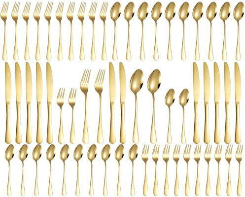 Besteck Set 12 Personen, 60-teiliges Goldenes Besteck, Hochglanzpoliert und Spülmaschinenfest, Elegantes Besteck Gold, mit Messer Gabel Löffel, für Haus, Party, Restaurant(Gold)