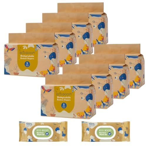 ECOBOOM JOY- Pañal Ecológico de BAMBÚ. 70% Biodegradable, Hipoalergénico (TALLA 2/S, 3-8KG, CAJA 8 BOLSAS - 288 pañales)