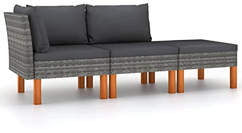 Homgoday Rattan-Garten-Set mit Kissen, Gartenmöbel, 3-teilig, Polyrattan, Eukalyptusholz, zentrales Sofa + Ecksofa + Fußstütze