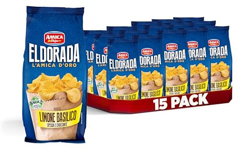 AMICA Chips | Eldorada Patatine Gusto Limone e Basilico, Lenta Cottura, Taglio Spesso e Croccante, Senza Glutine, 15 Pezzi x 130 gr