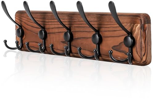 Gohiuo Rustikale Wandgarderobe, Garderobenhaken, Metall-Holzgarderobe mit 5 Dreifachhaken, robuster Wandgarderobe aus Holz für Eingangsbereich, Bauernhaus, zum Aufhängen von Mänteln, Hüten, Taschen,