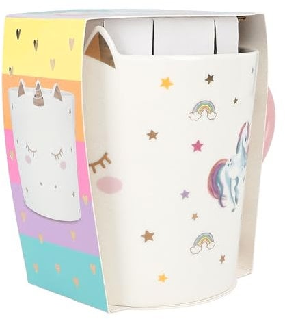 Depesche 13069 Ylvi Becher Einhorn - Tasse in Weiß mit goldenem Einhorn-Aufdruck und Spruch, Trinkbecher aus Porzellan mit rosa Henkel, Füllmenge ca. 300 ml
