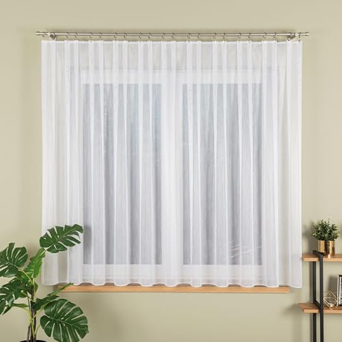 Gardinen Vorhangen Weiß 250x140 cm (BxH) Jacquard Kurz Vorhänge mit Kräuselband Transparent Küchengardinen Wohnzimmer Gardinenschals Schlafzimmer