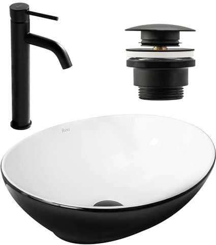 Rea Set Sofia schwarz-weißes Aufsatzwaschbecken + Lungo schwarz-matte Waschtischarmatur + schwarz-matte Ablaufgarnitur, Ideal als Waschtisch oder Handwaschbecken für WC, Einzigartiges Design
