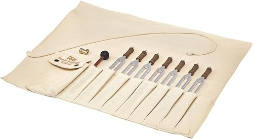 Sonic Energy Chakra Therapie Stimmgabel Set + Rollup Bag (TTF-SET-CHA-7-R) | 7-teilig, planetarisch gestimmt, inkl. Hülle, Aufsatz, Schlägel und rollbare Baumwolltasche, vernickelter Stahl, Korkgriff