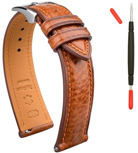 Gomvadr Leder Uhrenarmband pflanzlich gegerbtes Top-Grain-Lederarmband, 16 18 19 20 21 22mm Schnellspanner-Ersatzarmbänder (Cognac/Silberne Schnalle/Match Stitch, 19mm)