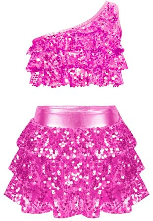Riismen Vestito da Ballo Bambina Latino Americano Paillettes Abito da Ballo ​​Tutu Monospalla Crop Top Tango Costume Salsa Jazz Dancewear Artistico Vestito da Pattinaggio Rosa caldo 5-6 anni