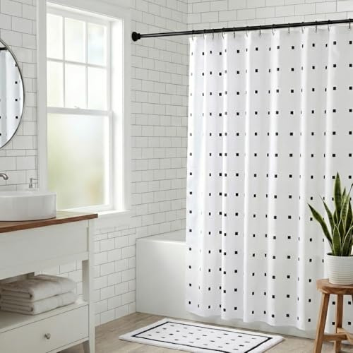 Croydex White Shower Curtain with Black Dots, 1800W x 1800H | Cling Resistant Weighted Hem | Machine Washable | Coated with Proseal for Water Repellence | 100% Polyester