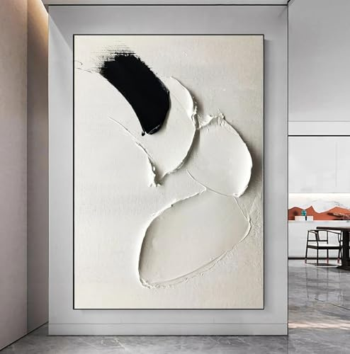 GOSRD Tableau mural beige texturé ivoire, tableau noir sur toile, peinture abstraite minimaliste blanche pour salon, 80 x 120 cm, sans cadre