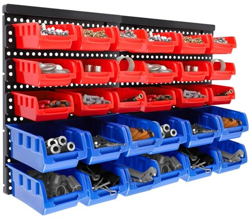 Wall Mounted Storage Bins Backboard DIY Stackable Workshop Storage for Tools Hardwares Crafts 64 x 41cm Plastic Bin Panel Rack with Screws for Tool Shed Garage Workshop (Red+Blue)