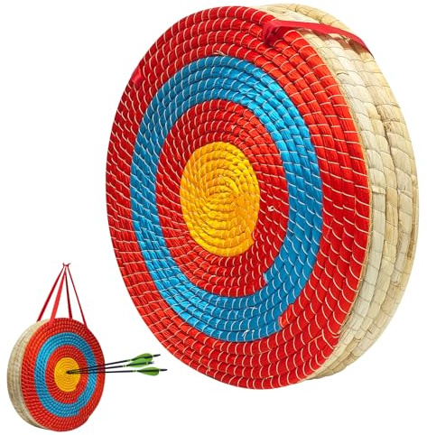 Stroh-Zielscheibe für Bogenschießen, 50 cm, 5-lagig, runder Bogen | Solides Strohmaterial, rotes rundes Design, für Erwachsene im Freien, Bogenschießen, Dart-Schießen, 5 Schichten dick