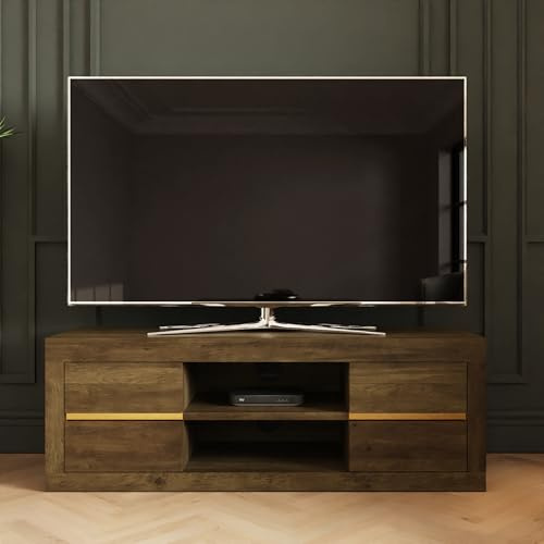 GFW Astley TV Unit with 4 Drawers and Open Shelving, Knotty Oak Effect TV Stand with Gold Accent Detail, Media Storage Cabinet for TVs up to 55 Inch