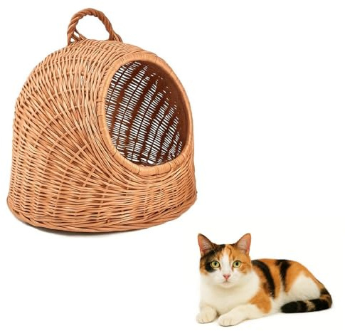 QLS Katzenbett aus Weide mit Tragegriff – Handgeflochtenes Haustierkörbchen für Katzen & kleine Hunde, 40x34x35 cm – Naturmaterial, stabil & dekorativ