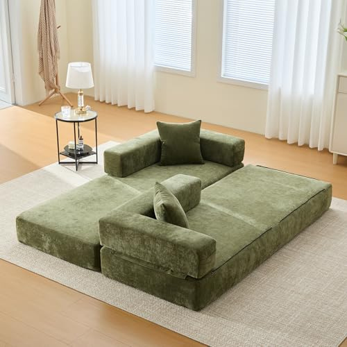 Trdlpyn Divano Modulare in Ciniglia a Blocchi, Morbidissimo e Liberamente Combinabile, Divano con Tasche Laterali e Fondo Antiscivolo, Ideale per Soggiorno, Area Giochi o Progetti DIY(Verde)