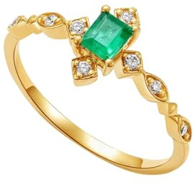 Wycian Ring Smaragd Damen Ring Gold 18 Karat Damen Dünn mit 0,15 CT Rechteckigem Smaragd und 0,08 CT Diamant Größe 49 (15.6) Massiv, Nicht Plattiert Prämie für Gattin Valentinstag Schmuck