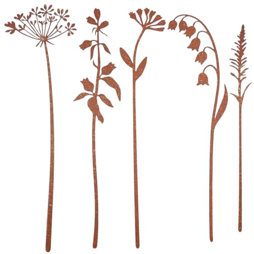 GORGECRAFT 5Pcs 5 Styles Metal Flower Garden Stakes Rusty Iron Rustic Plants Floral Leaf Shaped Art Decorative Signs Stake for Outside Lawn Yard Art Outdoor Walkway Potted Accessory