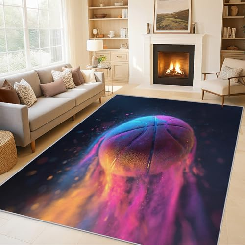 Generisch Fußmatte Basketball 50 x 80 cm, Teppich Sport Jungen Weicher Waschbarer Antirutsch Kurzflor Carpet für Eingangsbereich Bettvorleger P-&47