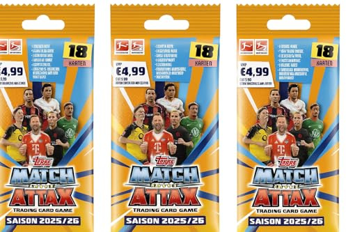 Topps Match Attax Bundesliga 2025/26 – 3er Power Pack je 18 Karten inkl. Limited Edition Trading Card Game Sammelkarten für Fußballfans Saison 25/26