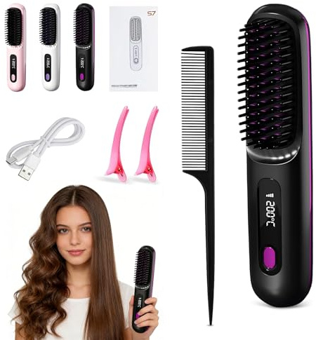Clinora Kabellose Styling-Bürste, clinora styling bürste, stylingbürste für kurze haare mit LED-Anzeige, 3 Temperaturstufen tragbare, für glattes, lockiges und trockenes Haar (A)