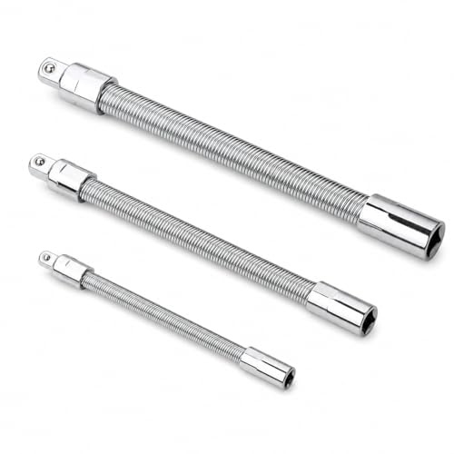 VOBOR Jeu de 3 Rallonges Flexibles en Acier Ressort, Entraînement 1/4, 3/8, 1/2, Courbables 45°, pour Cliquet, Perceuse-Visseuse sans Fil, Réparation Auto