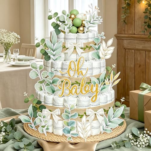 Greenery blöjtårta dekorationer grön baby shower blöja dekoration | Greenery blöjkaka set babyparty blöjdekoration utskärningar grönt blad tryckband för babyparty sexöppnande