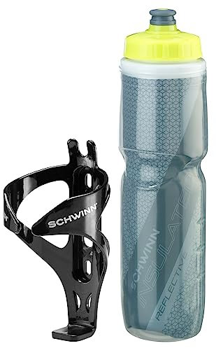 Schwinn Reflective Insulated Water Bottle with Holder for Bicycle, 26 oz, BPA-Free, Dual-Stage Nozzle, Easy Squeeze, Cage Easily Mounts to Bike, Night Visibility, Bike Water Bottle Holder Combo