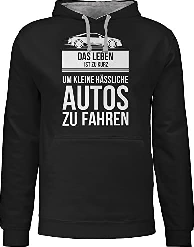 Pullover Herren Frauen Hoodie Kontrast zweifarbig - Sprüche Statement - das leben ist zu kurz um kleine hässliche autos zu fahren - M - Schwarz/Grau meliert - petrolhead hoodies hässliches hudis