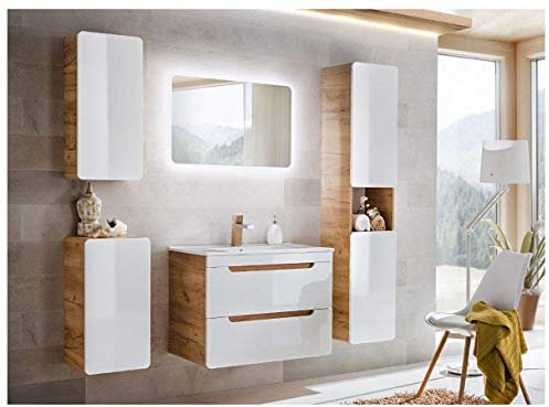 naka24 Badmöbel Set ''Aruba-Weiss/Eiche 80 Badmöbel Set mit Waschbecken Badmöbelset LED (komplettes Badmöbel Set)