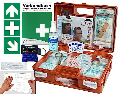 Verbandskoffer/Verbandskasten (K) Typ CN -Paket 1- Erste Hilfe nach aktueller DIN 13157 für Betriebe -DSGVO- INKL. PERFORIERTEM VERBANDBUCH + Hygiene-Gel & Notfallbeatmung + AUFKLEBER