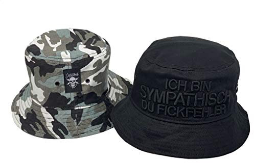 Outfitfabrik ♥ Anglerhut/Bucket Hat/Fischerhut zum Wenden Ich Bin sympathisch du Fickfehler, 3D Stick in schwarz, Hut in Camouflage/schwarz, einseitig unbestickt, One Size (Provokation)