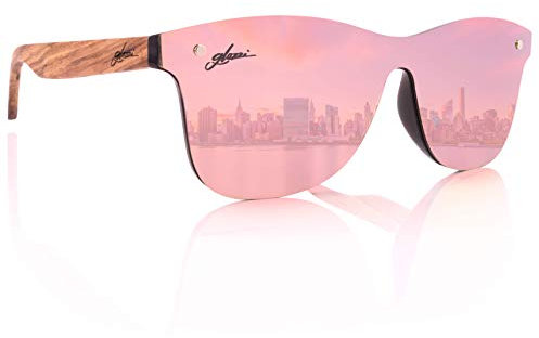 glozzi Sonnenbrille Damen Holz Verspiegelt Polarisiert und Entspiegelt UV400 Pink mit Holzbügeln aus Zebrano und Brillenetui aus Kork