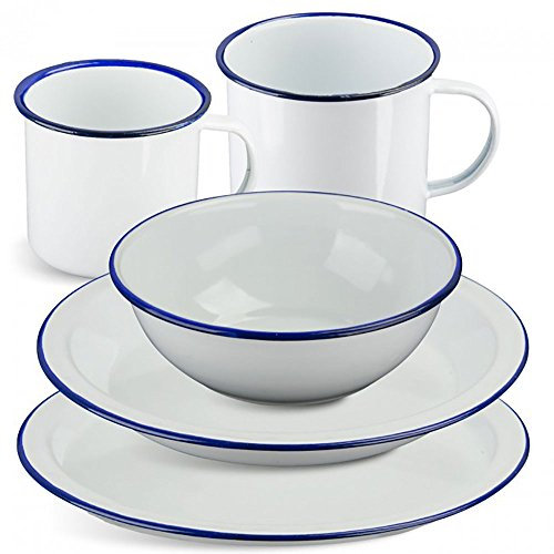 Highlander Outdoor Products Vintage Style Camping White Enamel Camping Festival Traditonal Lightwight Cup Bowl Plate (1 x Mug 280ml, 1 x Deep Plate & 1 x Bowl Set)