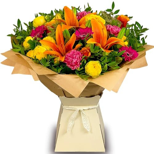 Hawaiian Sunset Bouquet - Vibrant Fresh Flowers with Orange Roses, Lilies, and Cerise Germini - Perfect for Birthdays, Anniversaries, and Thank You Gifts