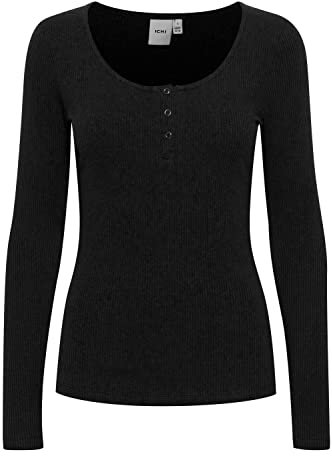 ICHI IHSUPER LS Damen Longsleeve Langarmshirt Shirt Basic Rippshirt mit Langem Ärmeln und geknöpftem Ausschnitt Figurbetontes Regular Fit, Größe:XL, Farbe:Black (194008)