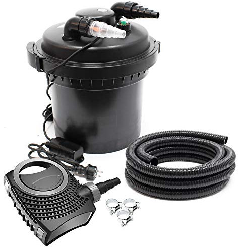 SunSun Kit Complet: CPF-280 Filtre de Bassin à Pression Jusqu’à 8000 L avec 11 Watt Lampe UV, NEO3800 SuperEco Pompe 3600l/h 20W, 5m Tuyau 38 mm (1 1/2), Collier de Serrage W1 44-47mm