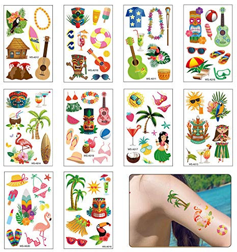 10 Blätter Temporäre Tattoo Aufkleber Hawaiian Temporäre Tattoos Wasserdichte Aloha Tattoos Tropische Temporäre Aufkleber Temporäre Transfer Tattoos Summer Beach Pool Party Zubehör für Kinder Frauen