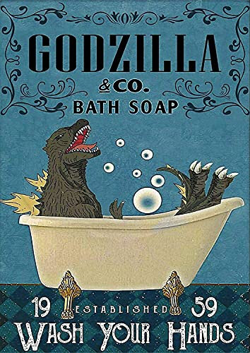 Inga Godzilla And Co Bath Soap Wash Your Hands Bathroom Wall Decor Poster D Metal Tin Sign Poster 8x12 inches