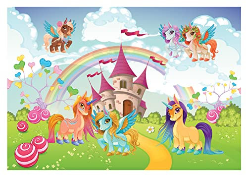 Fototapete Einhorn Regenbogen Kinderzimmer Mädchen Wandtapete Vlies Tapete Latexdruck UV-Beständig Geruchsfrei Hohe Auflösung Montagefertig (13882, V8 (368x254 cm) 4 Bahnen)