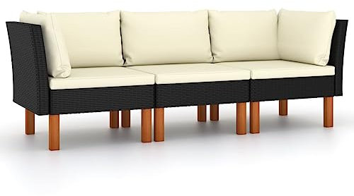 vidaXL Gartensofa 3-Sitzer mit Kissen Sofa Lounge Gartenmöbel Garten Garnitur Sitzgruppe Gartenset Couch Ecksofa Mittelsofa Schwarz Poly Rattan