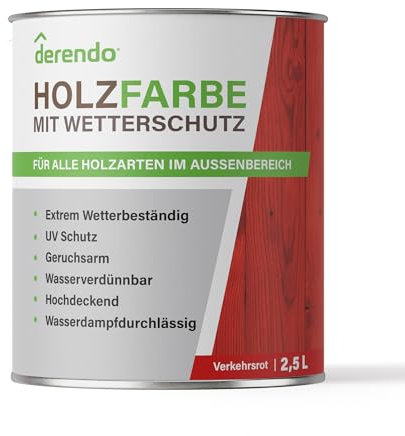 derendo Holzfarbe rot hellrot Holzfarbe außen wetterfest Wetterschutzfarbe Langzeitschutz 2,5L RAL 3020 seidenglänzend Holzlack verkehrsrot hellrot Außenbereich Holzschutzlasur hohe Deckkraft