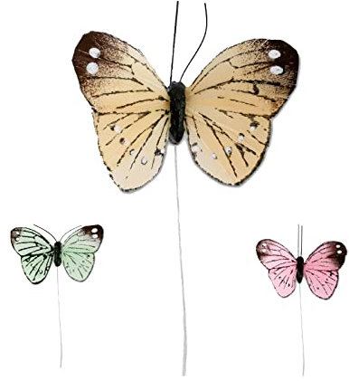 Steingässer Feder Deko-Schmetterlinge gemischt (12 Stück) 5 cm groß - mit Draht zum befestigen - Frühling Osterdeko (gelb)