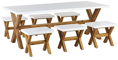 Beliani Gartenset Tisch 200x100 cm 6 Hocker Betonplatte weiß Akazienholz Rustikal Olbia