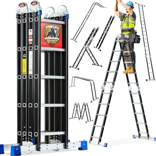 Step Ladder, Bryner Folding Ladder 19.6ft Multi-Purpose Aluminium Extension Ladders, 7 in 1 Folding Adjustable Telescoping Step Ladder 330lbs