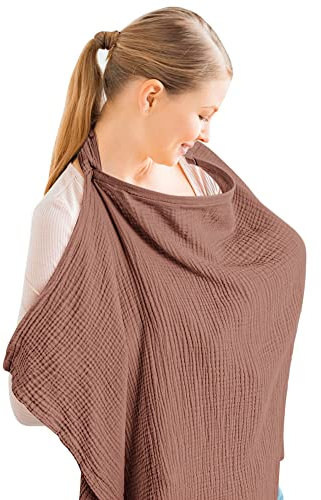 Konssy Musselin-Abdeckung zum Stillen von Babys, atmungsaktiv, 100% Baumwolle, Stillbezug mit starrem Reifen für Mutter, Stillschürze, Mehrzweck-Autositz-Baldachin (chestnut)