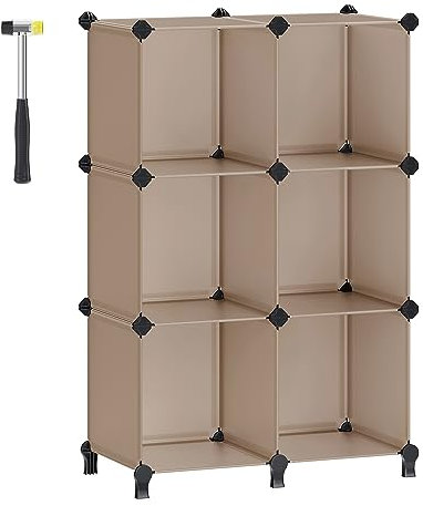 SONGMICS Steckregal, Kunststoffregal, DIY-Würfelregal, Stufenregal, Regalsystem, 6 Fächer, für Spielzeug, Schuhe, Bücher, Wohnzimmer, Kinderzimmer, Schlafzimmer, 93 x 31 x 93 cm, Kamelbraun LPC111K01