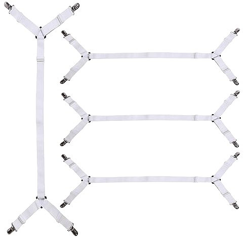 Verstellbare Elastische Bettlakenspanner, Spannbettlaken Spanner mit Metallclips, Matratzenklammern mit Langen Spannbändern für Laken Spannbettlaken Matratzenschoner, Faltenfreie Bettlaken, 4 Stücke